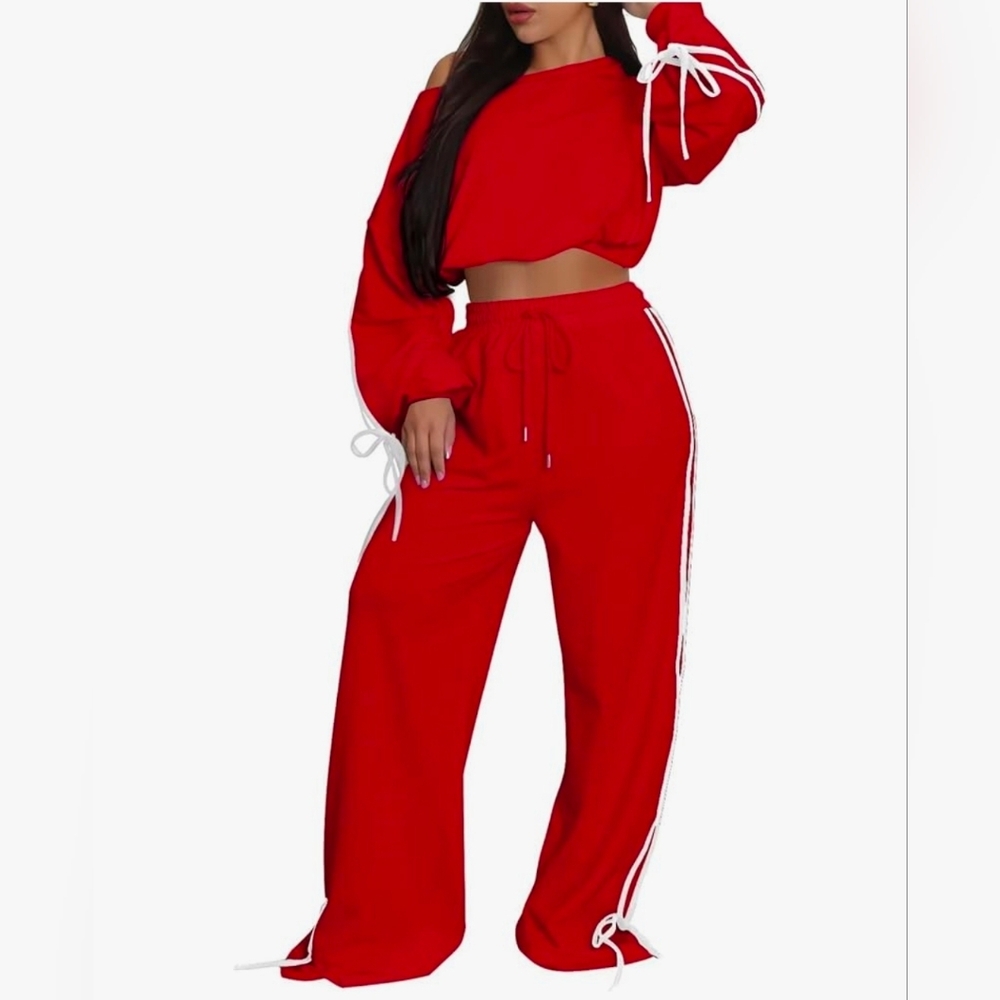 HOST PICK- Red Off Shoulder Long Sleeve Crop Top With Wide Leg Pants Set